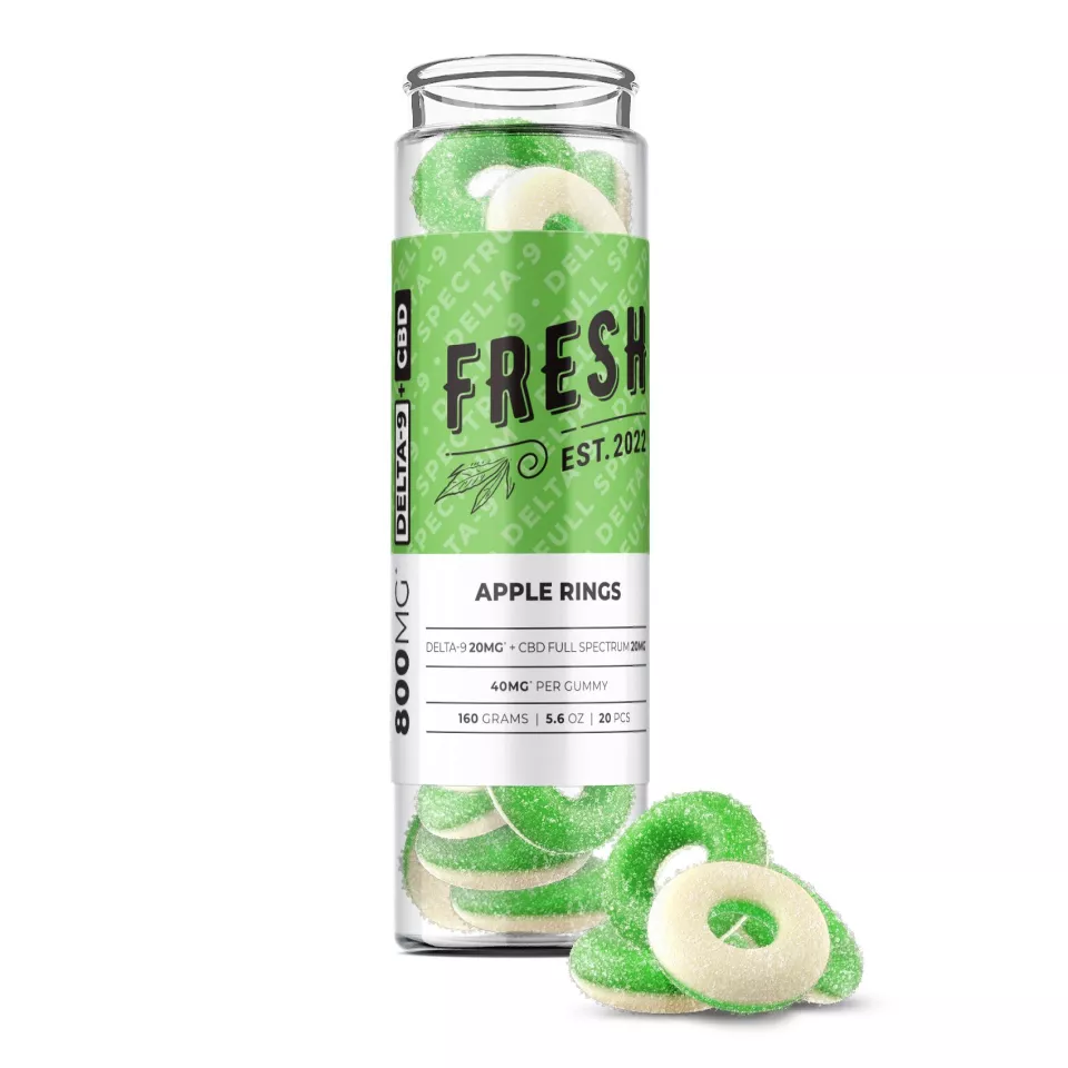 Buy CBD Legal Gummies Denmark. Indulge in the delightful fusion of flavors and cannabinoids with Fresh's Apple Rings Gummies, a blend of Delta-9 and CBD.